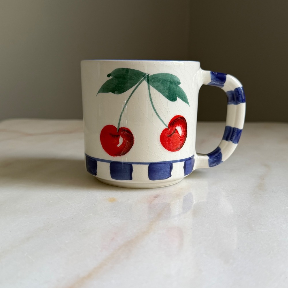 Vintage 1987 The Cellar Italy Handpainted Cherry Mug Blue Checkered Stripe